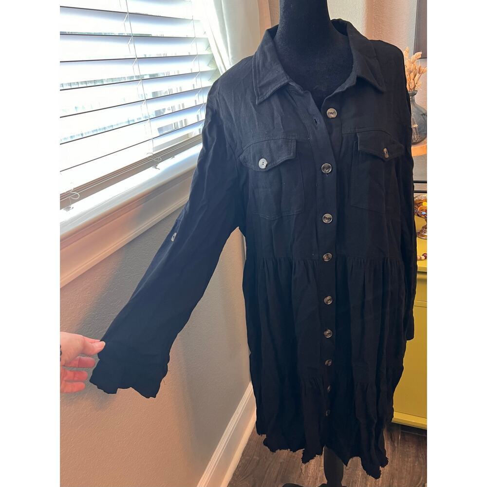 White Birch‎ Sz L linen blend blk button down long sleeve full knee length dress